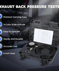 Exhaust back pressure tester kit with carrying case, includes 6-foot hose and pressure gauge.