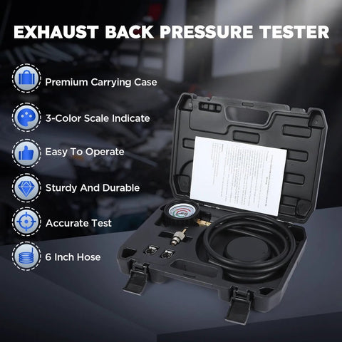 Exhaust back pressure tester kit with carrying case, includes 6-foot hose and pressure gauge.