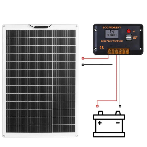 130W Monocrystalline Flexible Solar Panel Kit With 30A 12V Charge Controller showing connection to battery