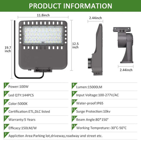 Product information for Bright 100W Led Parking Lot Light With Dusk To Dawn Photocell, 15,000 Lumen Outdoor Street Light