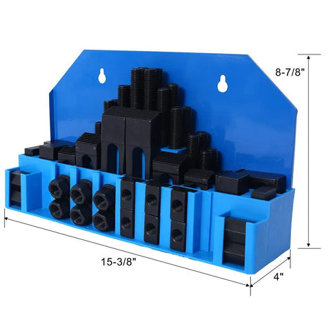 Beefed Up 58 Piece T Slot Clamping Kit For Milling Machines With T Slot Cleaner And Tightening Wrench in blue box