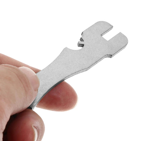 Hand holding a small stainless steel wrench tool for 20 Pcs Stainless Steel Lag Screws Left And Right Handed For Cable Railing And Deck Post Hardware