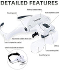 Detailed features of Lighted Magnifier Headset With Five Interchangeable Lenses For Hands Free Precision Work In Electronics Jewelry Crafts