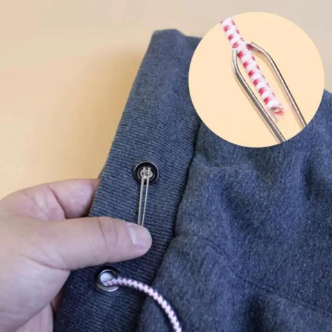 Upgraded DIY Rope Threader Clip Set with stainless steel hooks and latch threading drawstring through a hoodie.
