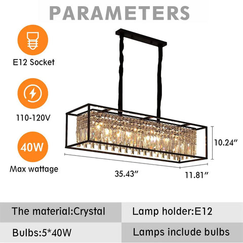 5 Light Rectangular Modern Crystal Chandelier Hanging Fixture for Dining Room Living Room Kitchen with dimensions and details