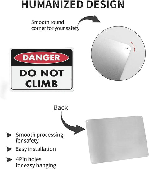 Remote Controlled Equipment Warning Sign 8x12 Aluminum wall decor showing "Danger Do Not Climb" text with pre-drilled holes and smooth edges.