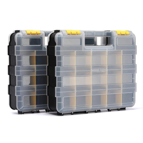 Dual Sided Tool Organizer Case With Impact Resistant Plastic 34 Compartment Hardware Box for screws, nuts, bolts storage.