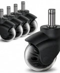 Level Up Your Desk With These Heavy Duty 2 Inch Rubber Ball Chair Caster Wheels Universal Replacement For Office Gaming And Desk Chairs Rolls Smooth As Silk And Built Different For The Daily Grind - set of five black casters with transparent wheels.