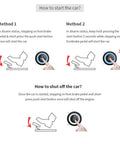 Instructions for RFID Push Start Button Kit With Keyless Go Upgrade For 12V Cars showing start and stop methods.
