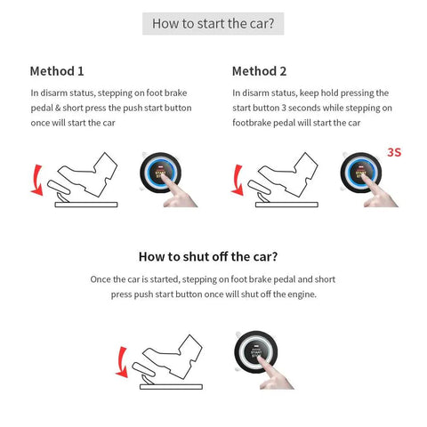 Instructions for RFID Push Start Button Kit With Keyless Go Upgrade For 12V Cars showing start and stop methods.