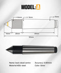 Diagram and photo of Model A back dead center, 40Gr steel, silver, showing dimensions for the 65mm MT2 Movable Tailstock Lathe Center.