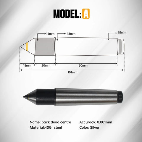 Diagram and photo of Model A back dead center, 40Gr steel, silver, showing dimensions for the 65mm MT2 Movable Tailstock Lathe Center.