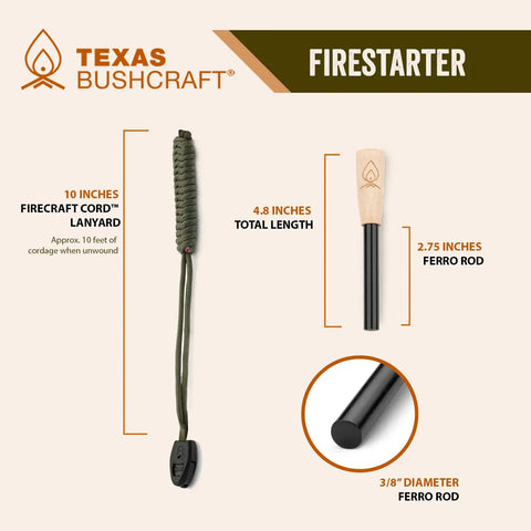 Diagram showing Bushcraft Fire Starter With Three Eighths Inch Ferro Rod Striker And Paracord Wrist Lanyard dimensions and features.