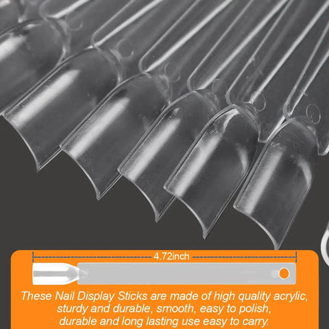 Close-up of clear acrylic 50 Piece Nail Swatch Sticks with Ring and Numbered Tips, showcasing nail art display.