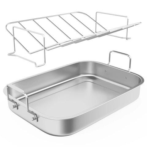15.6 Inch Nonstick Stainless Steel Roasting Pan With V Shaped Rack, Rectangular Lasagna Bake Pan With Handles