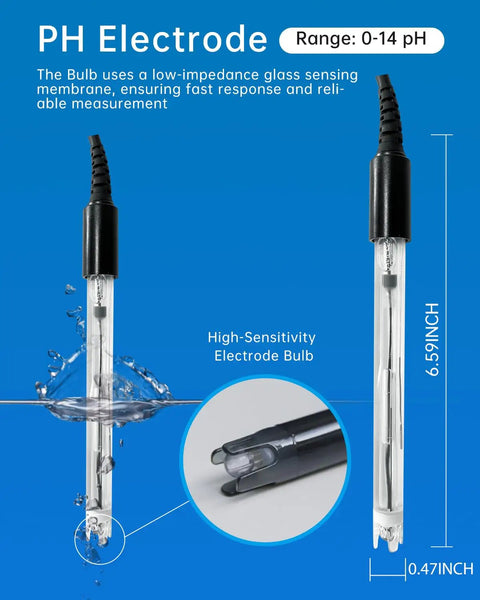 All In One Portable PH Meter With ATC And Large Backlit Display, showing high-sensitivity electrode bulb and size details.