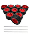 10 Pcs 34mm Rubber RC Car Wheels with 2mm Shafts and 5 Rod Axles Kit for quick upgrades, displayed with metallic axles