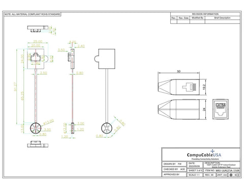 Drawing of Heavy Duty Cat6A Ethernet Retractable Network Extension Reel Waterproof Shielded Patch Cord 150 Foot dimensions.