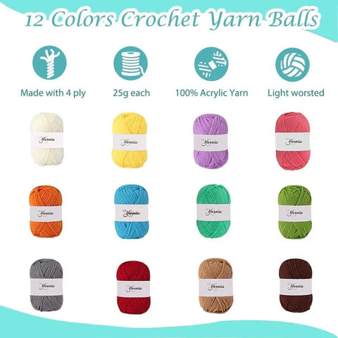 12 colorful yarn skeins from All In One Crochet Kit For Beginners With 14 Ergonomic Crochet Hooks 12 Yarn Skeins Stitching Tools Crochet Bag And Step By Step Guide In Bright Blue For Easy Crafting