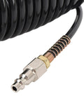 Level Up Your Garage Vibes With This Super Sweet Spiral Air Hose One Quarter Inch ID 16 4 Feet PE Coiled Compressed Air Line Featuring Self Retracting Design That Prevents Tangling And Saves Storage Space For Pro Shop Needs. black coiled air hose with metal quick-connect fitting