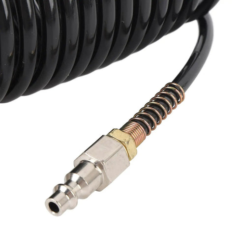 Level Up Your Garage Vibes With This Super Sweet Spiral Air Hose One Quarter Inch ID 16 4 Feet PE Coiled Compressed Air Line Featuring Self Retracting Design That Prevents Tangling And Saves Storage Space For Pro Shop Needs. black coiled air hose with metal quick-connect fitting