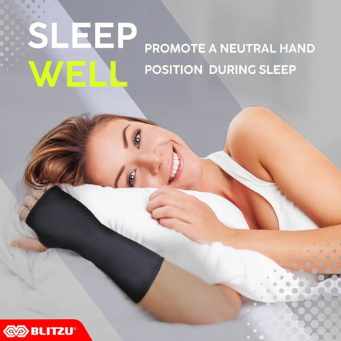 Woman sleeping with Carpal Tunnel Wrist Brace Night Support With Splint Stabilizer And Palm Cushion, promoting hand position.