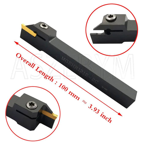 Lathe grooving tool holder side view, MGEHR1212-2, 100 mm long, with 11 MGMN200-G carbide inserts