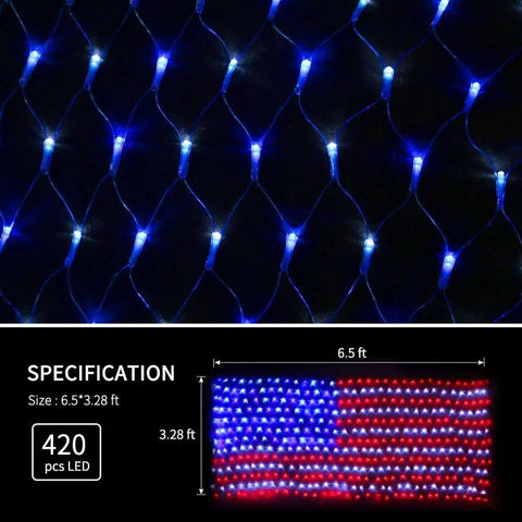 Patriotic LED Flag Net Lights For Outdoor Decor 6.5ft By 3.2ft Waterproof American Flag String Lights showing 420 LEDs