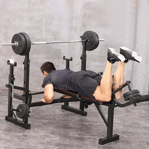 Person using Home Gym Dumbbell Bench Station with versatile press bench, barbell rack, and squat stand for core strength