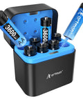 Rechargeable Lithium AA Batteries With Charger 8 Pack High Capacity 3600mWh Double A Batteries For Blink Outdoor Camera And Other Smart Home Devices 1.5V Constant Output Up To 2000 Cycles in open black and blue charging box.