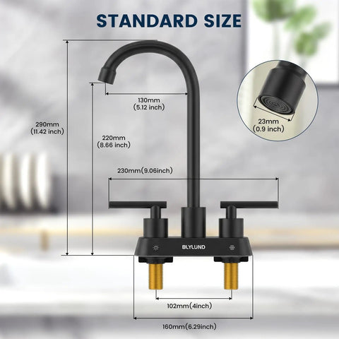 BLYLUND Black Commercial Bar Sink Faucet, Stainless Steel 2 Hole Bar Faucet dimensions illustration with size measurements.