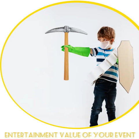 Child holding Lightweight Foam Pickaxe Prop For Halloween Cosplay And Stage Performances, 19.29 Inch Cross Tool Toy, wearing green gloves