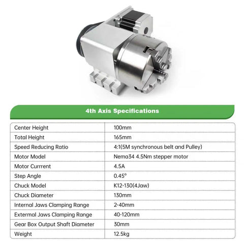 K12 130mm CNC 4th Axis for Router Table Rotary Milling Machine with 30mm Through Hole, 4 Jaw Chuck, Nema 34 Stepper Motor