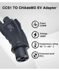 Heavy Duty Ccs1 To Chademoe Ev Charger Adapter showcases robust black design, highlighting 250 Amp DC output features.