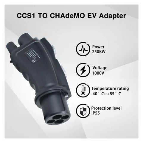Heavy Duty Ccs1 To Chademoe Ev Charger Adapter showcases robust black design, highlighting 250 Amp DC output features.