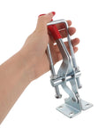 Hand holding Heavy Duty Toggle Latch Clamp for Tool Boxes and Jigs, 2183 Lbs Holding Capacity, Galvanized Iron With Hydrophobic Sealing and Anticorrosive Treatment, Adjustable Metal, Weatherproof Quick Release Design on white background