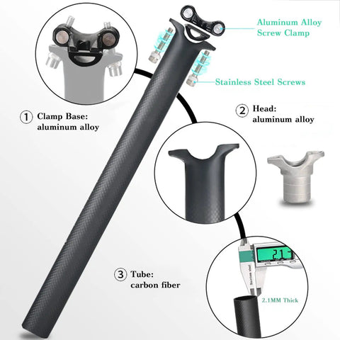 Ultralight 27.2/31.6 Carbon Seatpost For Mountain Road MTB And BMX Bikes, Full 3K T800 Carbon Fiber, 350mm Length, About 220g, Zero Setback, Lightweight Bike Seat Tube with aluminum alloy screw clamp, carbon fiber tube, and stainless steel screws.