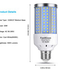 Two Pack 30W LED Corn Light Bulbs 200W Equivalent Ultra Bright 6000 Lumens 6500K Cool White Daylight E26 E27 Medium Base diagram
