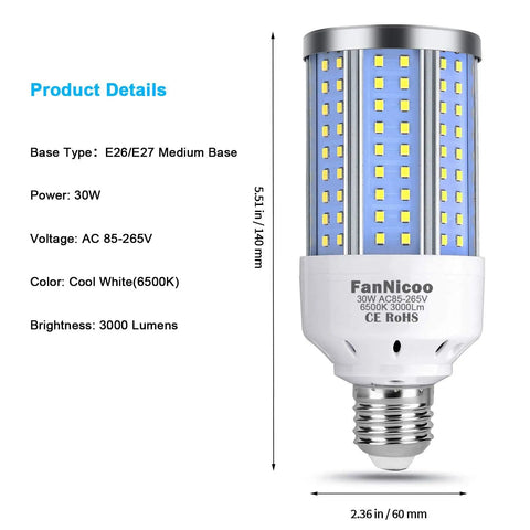 Two Pack 30W LED Corn Light Bulbs 200W Equivalent Ultra Bright 6000 Lumens 6500K Cool White Daylight E26 E27 Medium Base diagram