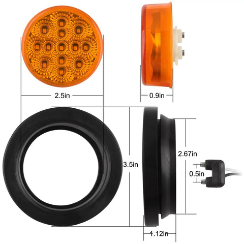 2.5 Inch Round LED Marker Lights Set Of 20 Amber And Red With 13 LEDs Each Reflectors Sealed Flush Mount Grommets Dimensions