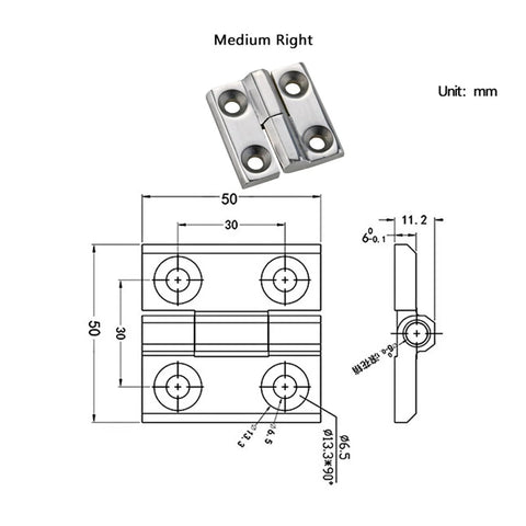 Detachable hinge in polished 304 stainless steel for industrial equipment; medium-right, two-leaf with mounting holes