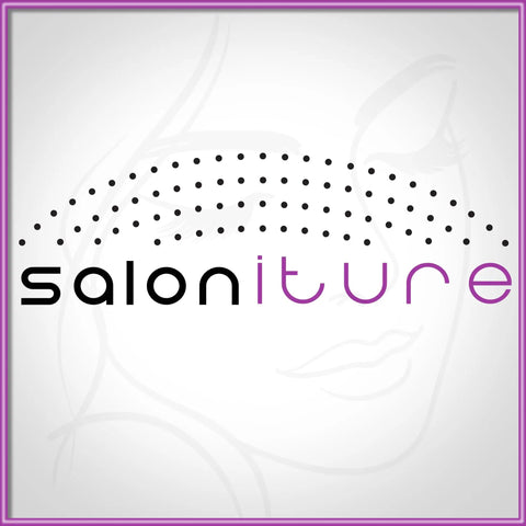 Saloniture logo with dotted pattern over a stylized face outline on a white background.