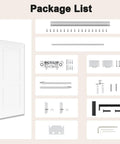 Package list for 36 By 84 Concealed Sliding Barn Door With Super Slick Glide And Soft Close Hardware, including components and screws.