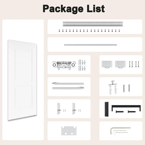Package list for 36 By 84 Concealed Sliding Barn Door With Super Slick Glide And Soft Close Hardware, including components and screws.