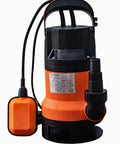 Professional Grade 0.5HP Submersible Water Pump With Automatic Float Switch 110V in orange and black with a float switch and hose attachment.