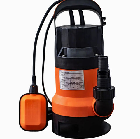 Professional Grade 0.5HP Submersible Water Pump With Automatic Float Switch 110V in orange and black with a float switch and hose attachment.