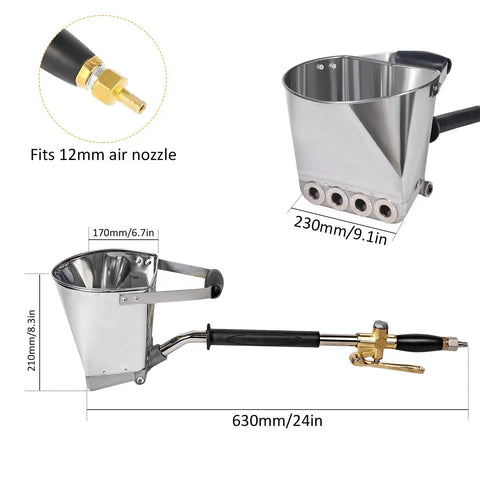 Pro Stucco Sprayer Kit With Ceiling Hopper Straight Up Beast Mortar Spray Gun, stainless steel bucket and handle, 24in long for easy use.
