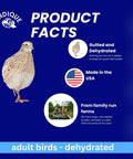 Whole Dehydrated Quail for Bird Dog Training and Falconry, High Protein Raw Feeding Treats, product facts and USA made logo