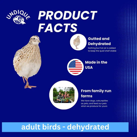Whole Dehydrated Quail for Bird Dog Training and Falconry, High Protein Raw Feeding Treats, product facts and USA made logo