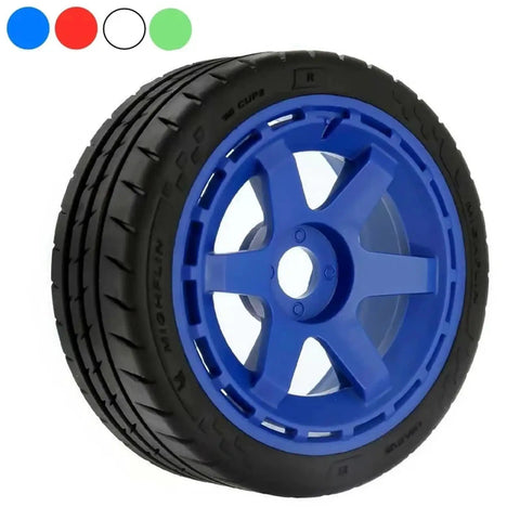 Blue off road RC car upgrade tire and wheel hex set for 1 to 7 and 1 to 8 scale buggies, rugged durable beadlock style